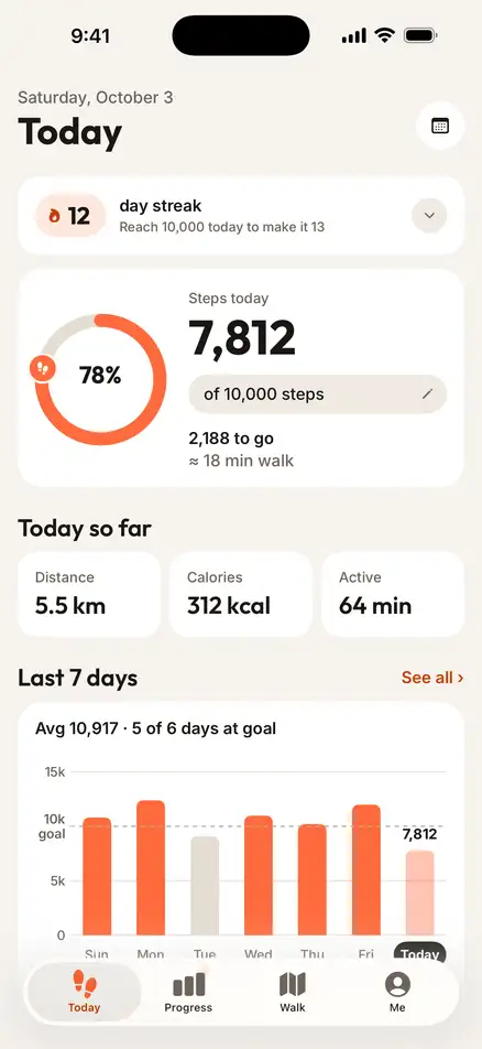 Step Counter today: 7,812 of 10,000 steps, 78% of the goal, 12-day streak