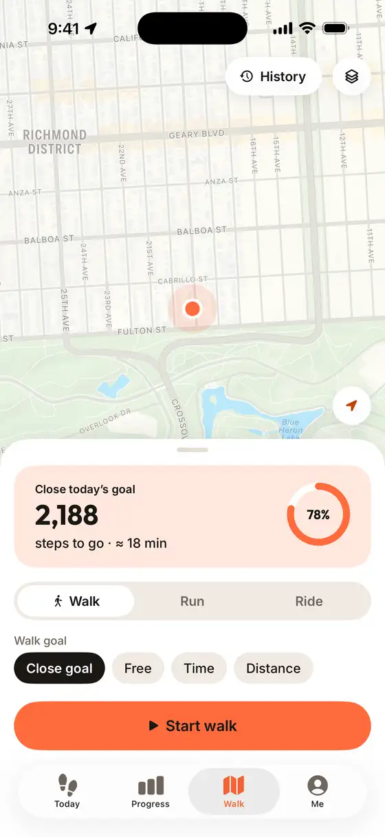 Walk tab: close today’s goal, 2,188 steps to go, about 18 minutes, Start walk