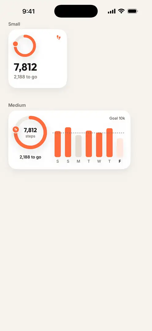 Small and medium Home Screen widgets: 7,812 steps, 2,188 to go, last 7 days