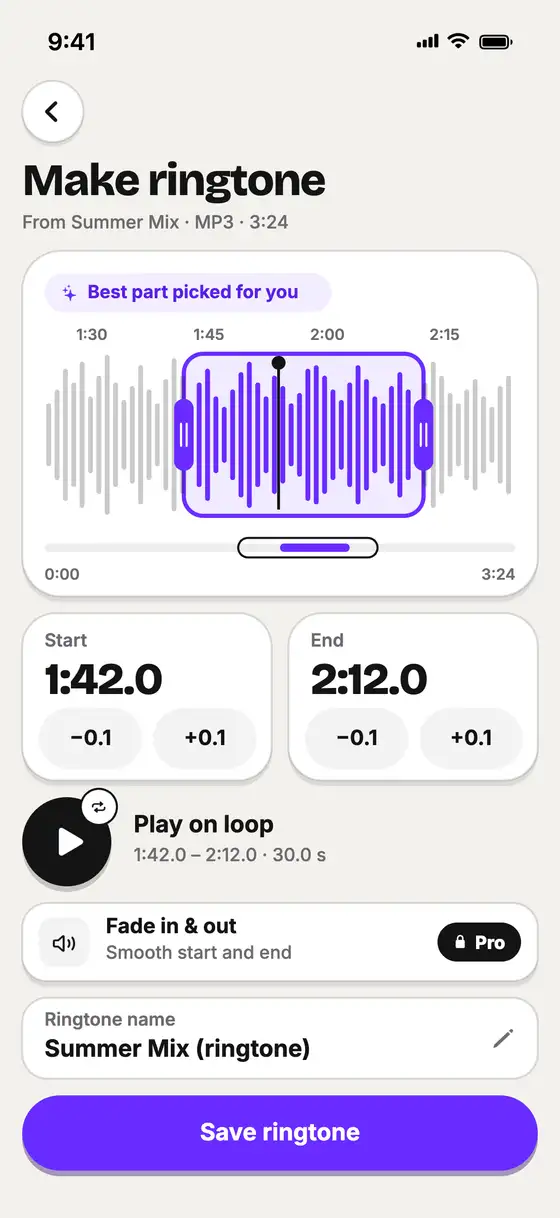Ringtone editor: 30-second window from 1:42.0 to 2:12.0, play on loop, Save ringtone