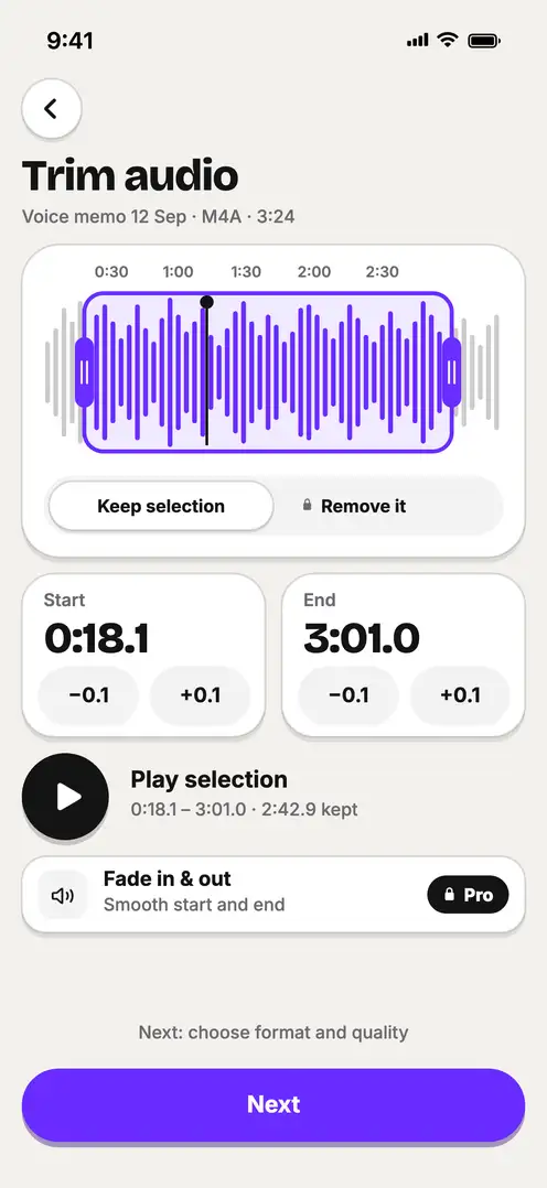 Trim audio: selection from 0:18.1 to 3:01.0 with Keep selection and Play selection