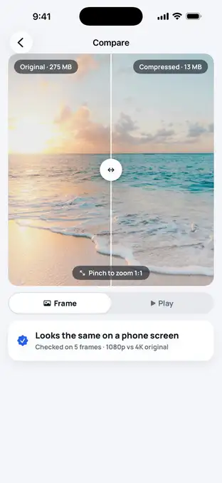 Compare screen with a slider between the original and the compressed video