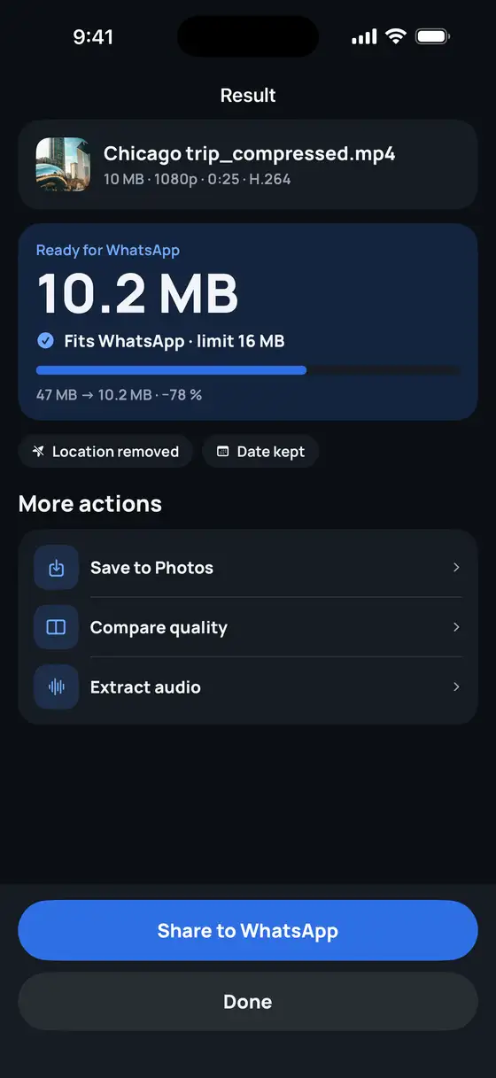 Result screen: 10.2 MB, fits WhatsApp’s 16 MB limit